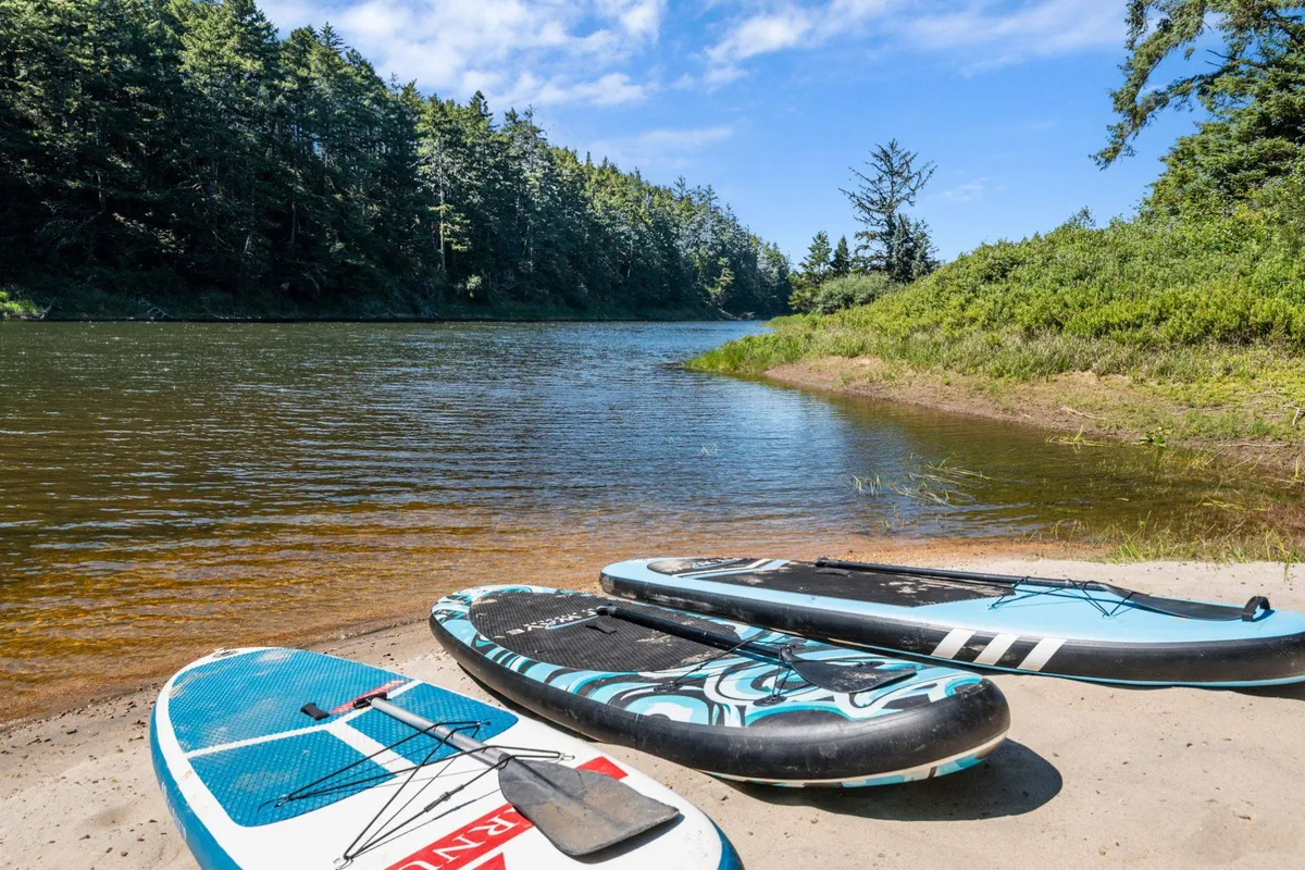 This exterior image features stand-up paddleboards lined up at the edge of a calm lake, surrounded by lush greenery. The tranquil water reflects the surrounding landscape, and the overall mood is relaxed, highlighting the accessibility and serenity of the private lakeside experience. The presence of paddleboards directly illustrates the water sports activities available on the property.